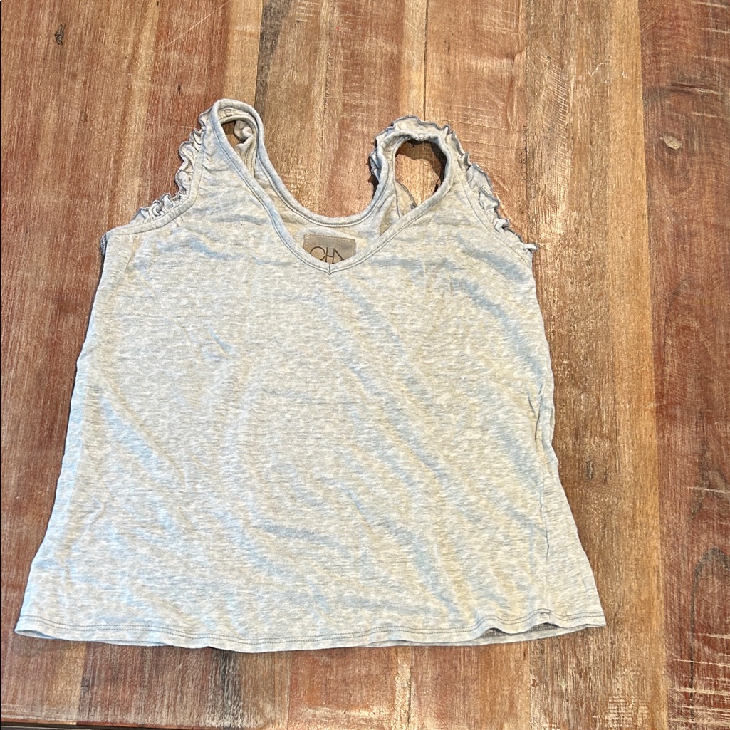 Chaser Heather Blue Linen V-Neck Tank With Ruffled Detail